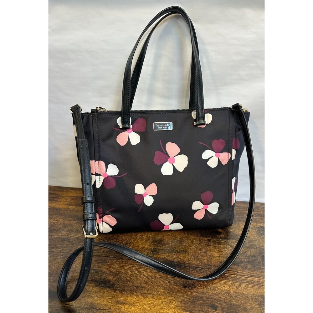 Kate Spade Dawn Dusk Buds Black Floral Nylon Satchel Tote Crossbody Bag Purse - Picture 2 of 16